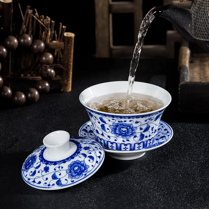 Blue and White Single Tea Bowl, Extra Large, Sancai Tea Bowl, Kungfu Tea Set, Home Ceramic Gaiwan, 300ml
