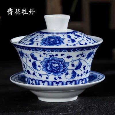Blue and White Single Tea Bowl, Extra Large, Sancai Tea Bowl, Kungfu Tea Set, Home Ceramic Gaiwan, 300ml