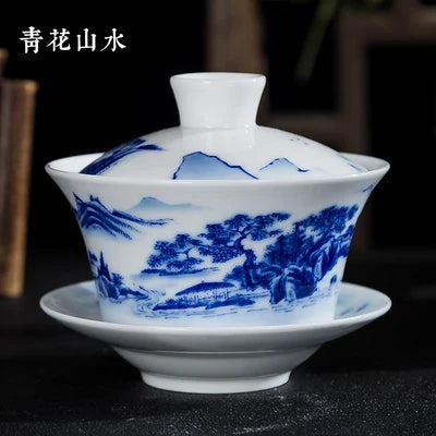 Blue and White Single Tea Bowl, Extra Large, Sancai Tea Bowl, Kungfu Tea Set, Home Ceramic Gaiwan, 300ml