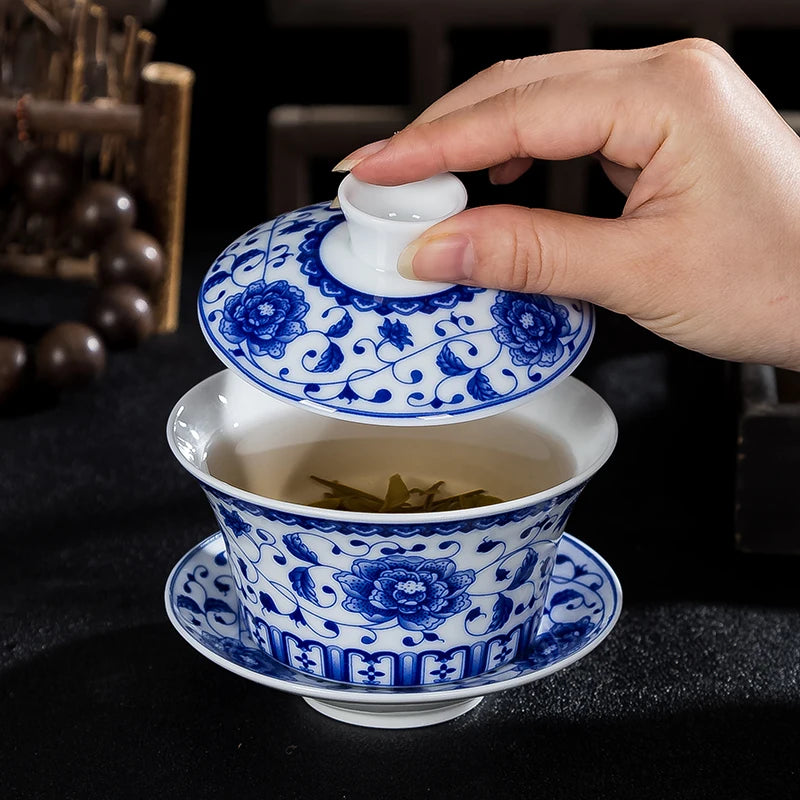 Blue and White Single Tea Bowl, Extra Large, Sancai Tea Bowl, Kungfu Tea Set, Home Ceramic Gaiwan, 300ml