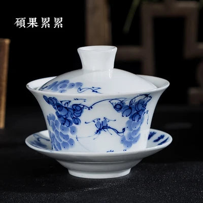 Blue and White Single Tea Bowl, Extra Large, Sancai Tea Bowl, Kungfu Tea Set, Home Ceramic Gaiwan, 300ml
