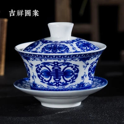 Blue and White Single Tea Bowl, Extra Large, Sancai Tea Bowl, Kungfu Tea Set, Home Ceramic Gaiwan, 300ml