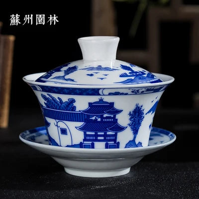 Blue and White Single Tea Bowl, Extra Large, Sancai Tea Bowl, Kungfu Tea Set, Home Ceramic Gaiwan, 300ml
