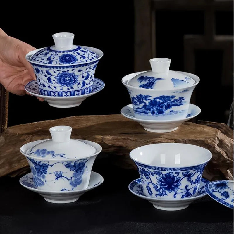 Blue and White Single Tea Bowl, Extra Large, Sancai Tea Bowl, Kungfu Tea Set, Home Ceramic Gaiwan, 300ml
