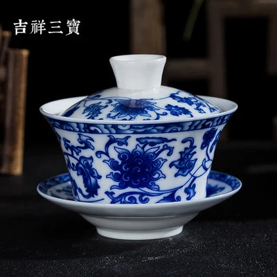 Blue and White Single Tea Bowl, Extra Large, Sancai Tea Bowl, Kungfu Tea Set, Home Ceramic Gaiwan, 300ml