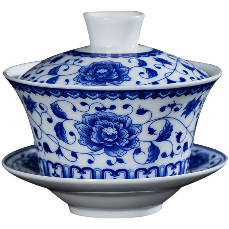 Blue and White Single Tea Bowl, Extra Large, Sancai Tea Bowl, Kungfu Tea Set, Home Ceramic Gaiwan, 300ml