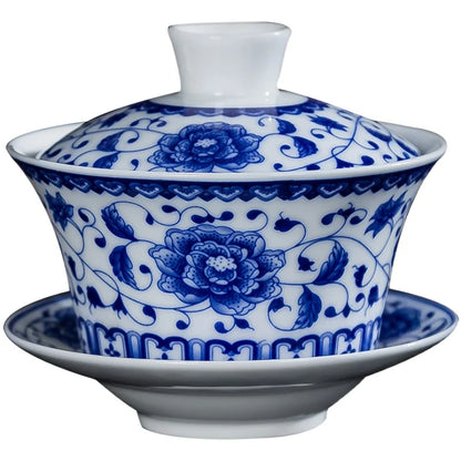 Blue and White Single Tea Bowl, Extra Large, Sancai Tea Bowl, Kungfu Tea Set, Home Ceramic Gaiwan, 300ml