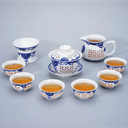 Blue-and-white exquisite tea set 1 Gaiwan 6Cups Honeycomb teapot kettles tea cup porcelain chinese kung fu tea set drinkware