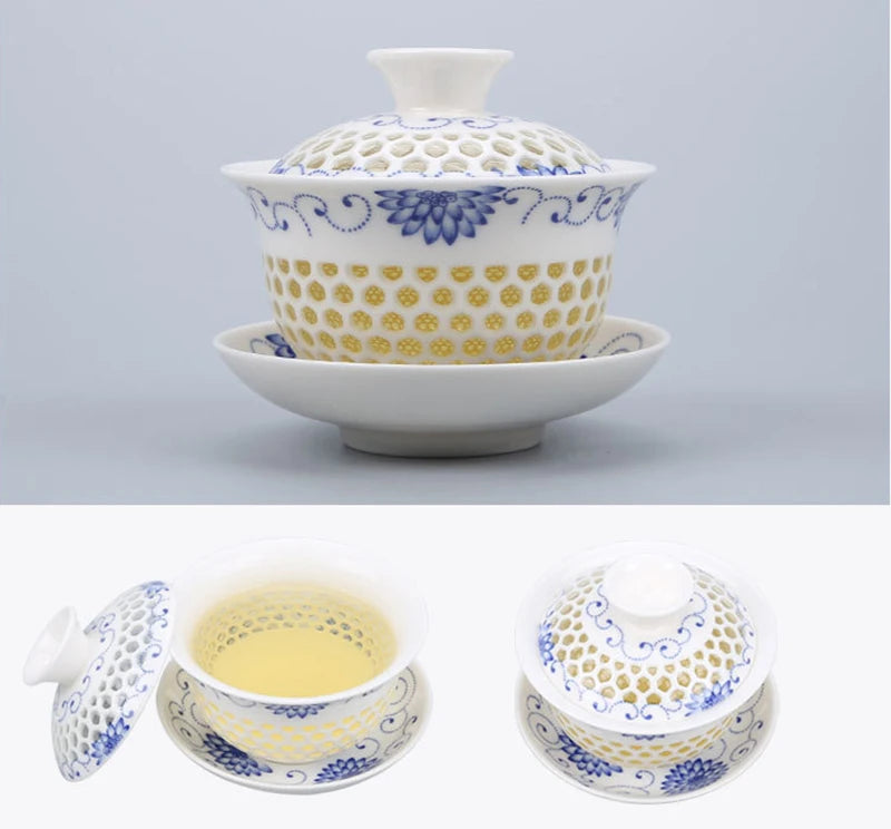 Blue-and-white exquisite tea set 1 Gaiwan 6Cups Honeycomb teapot kettles tea cup porcelain chinese kung fu tea set drinkware