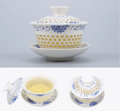 Blue-and-white exquisite tea set 1 Gaiwan 6Cups Honeycomb teapot kettles tea cup porcelain chinese kung fu tea set drinkware