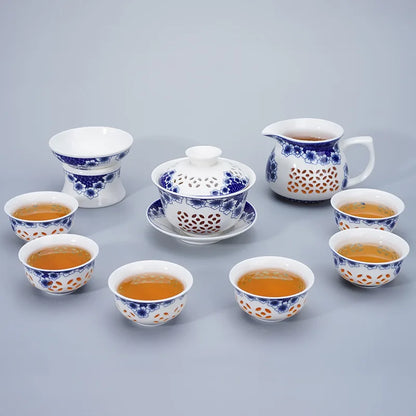 Blue-and-white exquisite tea set 1 Gaiwan 6Cups Honeycomb teapot kettles tea cup porcelain chinese kung fu tea set drinkware