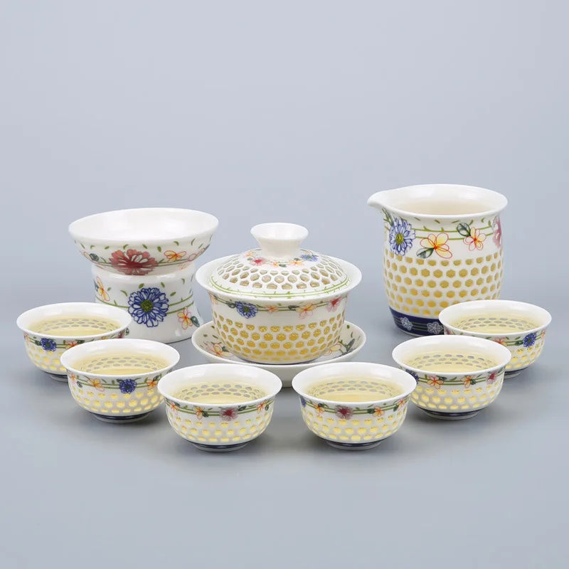Blue-and-white exquisite tea set 1 Gaiwan 6Cups Honeycomb teapot kettles tea cup porcelain chinese kung fu tea set drinkware