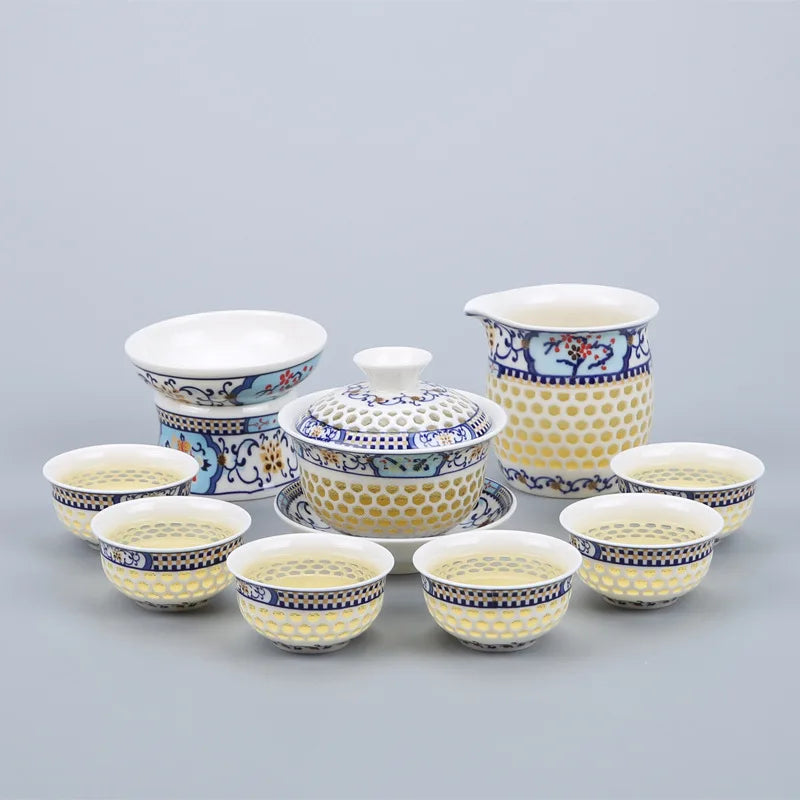 Blue-and-white exquisite tea set 1 Gaiwan 6Cups Honeycomb teapot kettles tea cup porcelain chinese kung fu tea set drinkware