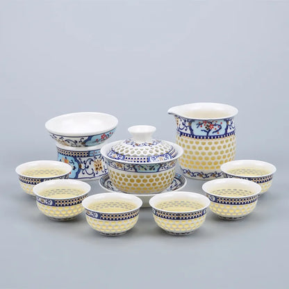 Blue-and-white exquisite tea set 1 Gaiwan 6Cups Honeycomb teapot kettles tea cup porcelain chinese kung fu tea set drinkware