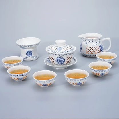 Blue-and-white exquisite tea set 1 Gaiwan 6Cups Honeycomb teapot kettles tea cup porcelain chinese kung fu tea set drinkware