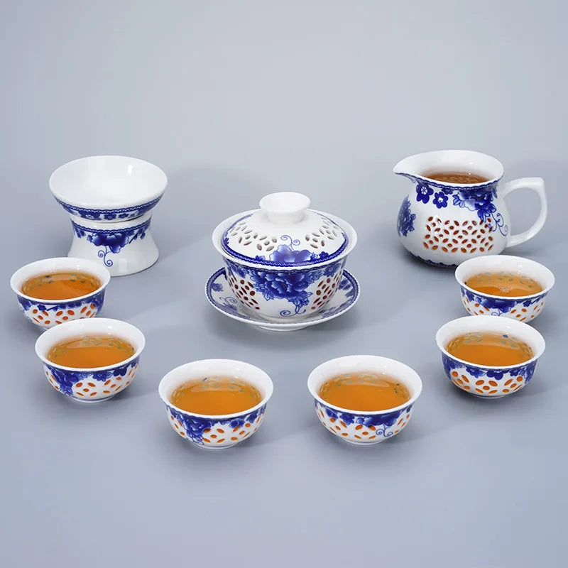 Blue-and-white exquisite tea set 1 Gaiwan 6Cups Honeycomb teapot kettles tea cup porcelain chinese kung fu tea set drinkware