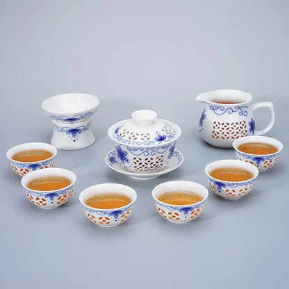 Blue-and-white exquisite tea set 1 Gaiwan 6Cups Honeycomb teapot kettles tea cup porcelain chinese kung fu tea set drinkware
