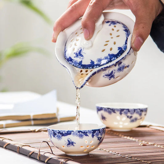 Blue and white porcelain travel tea set 1 Pot 2 Cup, High quality elegant Tea set,Beautiful and easy teapot kettle.special gift