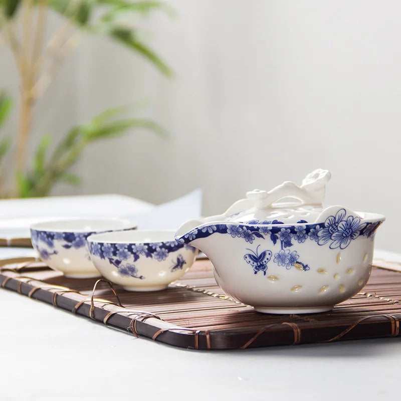 Blue and white porcelain travel tea set 1 Pot 2 Cup, High quality elegant Tea set,Beautiful and easy teapot kettle.special gift