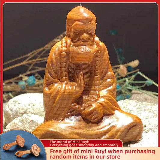 Bodhidharma Samadhi Cliff Cypress Wood Aging Material Red Oil Black Oil High-density Handle Piece Wood Carving Buddha Statue