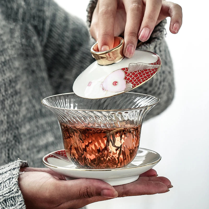 Borosilicate glass cup bowl set Chinese porcelain tureen gaiwan cup saucer lid fish print clear cup bowls in China