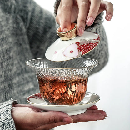 Borosilicate glass cup bowl set Chinese porcelain tureen gaiwan cup saucer lid fish print clear cup bowls in China