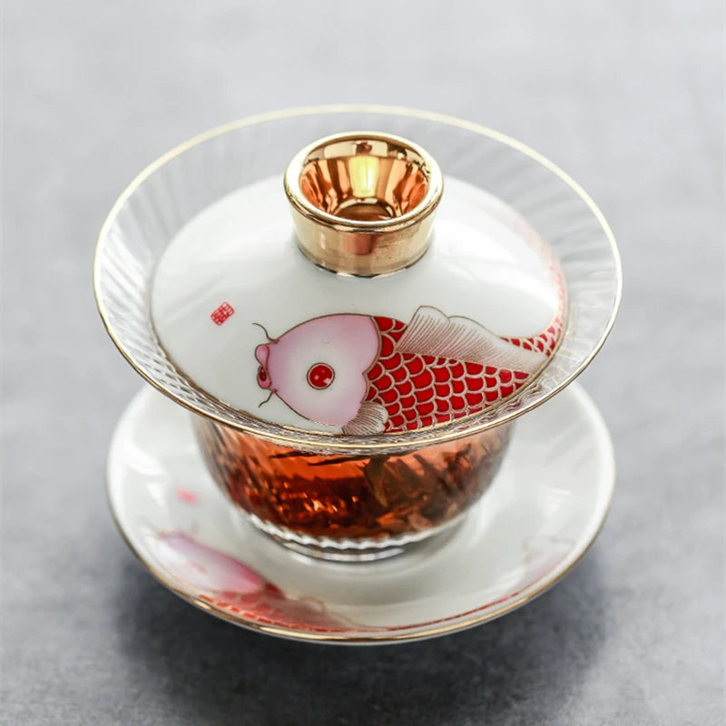 Borosilicate glass cup bowl set Chinese porcelain tureen gaiwan cup saucer lid fish print clear cup bowls in China