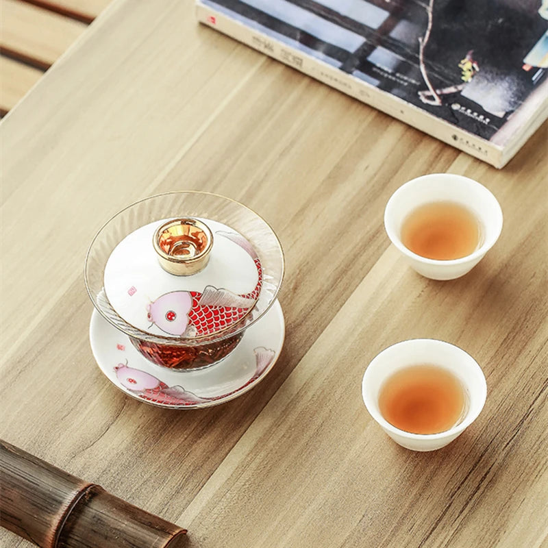 Borosilicate glass cup bowl set Chinese porcelain tureen gaiwan cup saucer lid fish print clear cup bowls in China