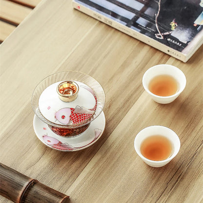 Borosilicate glass cup bowl set Chinese porcelain tureen gaiwan cup saucer lid fish print clear cup bowls in China