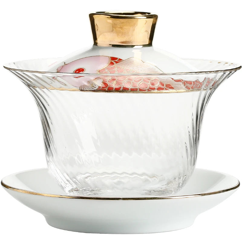 Borosilicate glass cup bowl set Chinese porcelain tureen gaiwan cup saucer lid fish print clear cup bowls in China