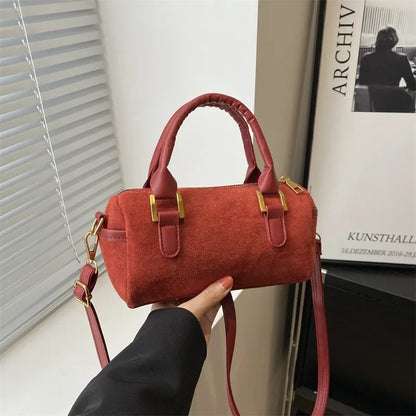 Boston Bag 2024 New Crossbody Bag Women's Suede Frosted Retro Handheld Cylinder Bag Luxury Handbags  Designer Bags