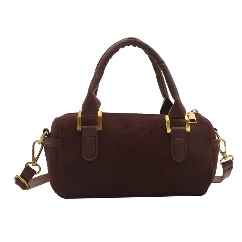 Boston Bag 2024 New Crossbody Bag Women's Suede Frosted Retro Handheld Cylinder Bag Luxury Handbags  Designer Bags