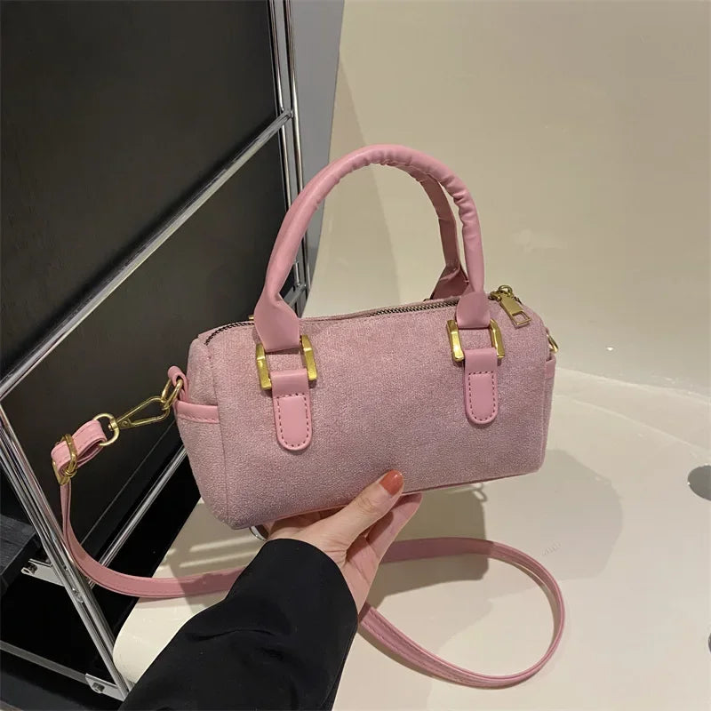Boston Bag 2024 New Crossbody Bag Women's Suede Frosted Retro Handheld Cylinder Bag Luxury Handbags  Designer Bags