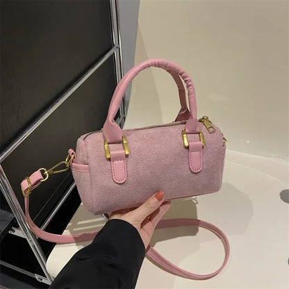 Boston Bag 2024 New Crossbody Bag Women's Suede Frosted Retro Handheld Cylinder Bag Luxury Handbags  Designer Bags
