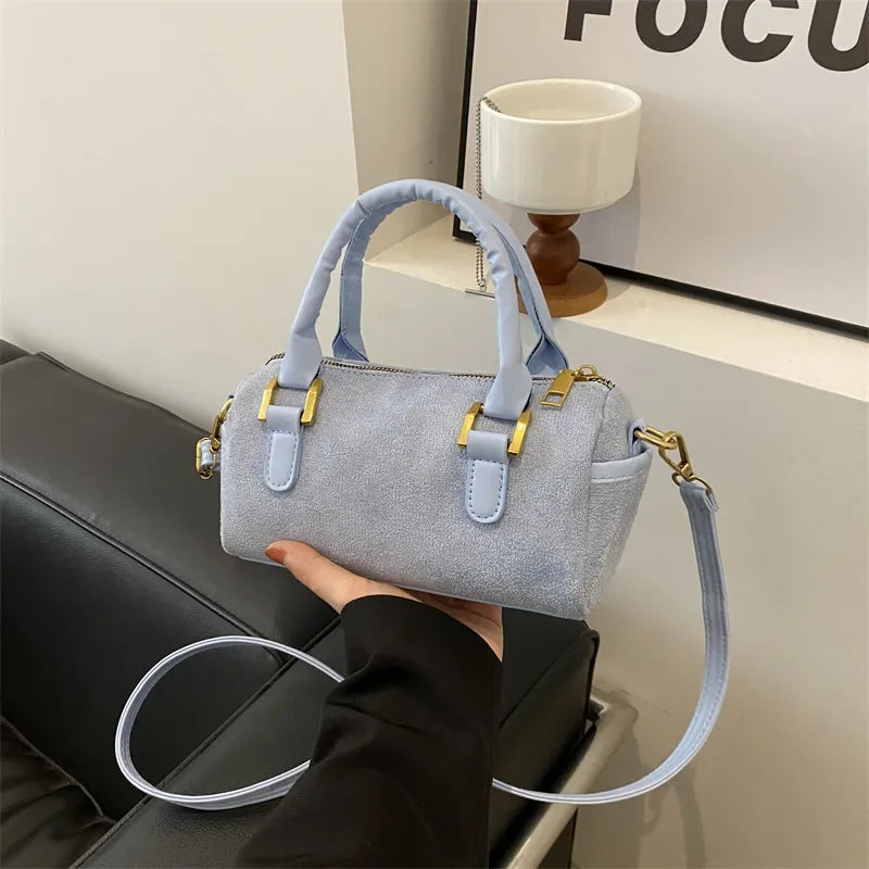 Boston Bag 2024 New Crossbody Bag Women's Suede Frosted Retro Handheld Cylinder Bag Luxury Handbags  Designer Bags