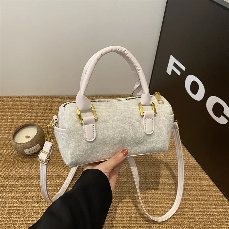 Boston Bag 2024 New Crossbody Bag Women's Suede Frosted Retro Handheld Cylinder Bag Luxury Handbags  Designer Bags