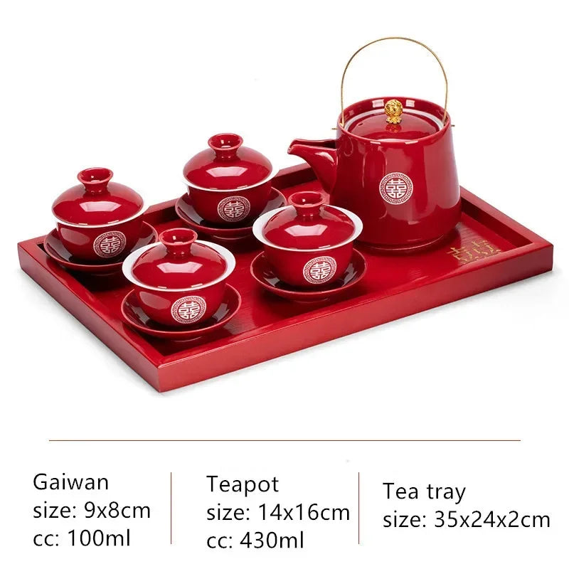 Boutique Chinese Tea Sets Red Ceramic Gaiwan Teapot Tea Tray Suit Wedding Tea Set Supplies Customized High Grade Teaware Gifts