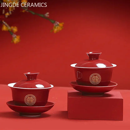 Boutique Chinese Tea Sets Red Ceramic Gaiwan Teapot Tea Tray Suit Wedding Tea Set Supplies Customized High Grade Teaware Gifts