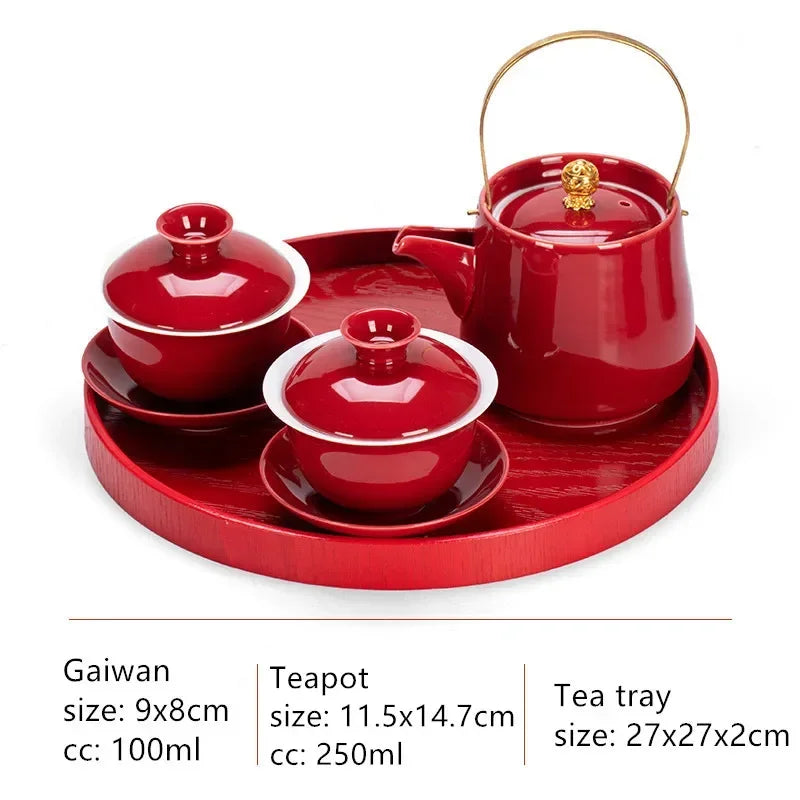 Boutique Chinese Tea Sets Red Ceramic Gaiwan Teapot Tea Tray Suit Wedding Tea Set Supplies Customized High Grade Teaware Gifts