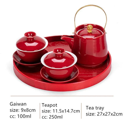 Boutique Chinese Tea Sets Red Ceramic Gaiwan Teapot Tea Tray Suit Wedding Tea Set Supplies Customized High Grade Teaware Gifts