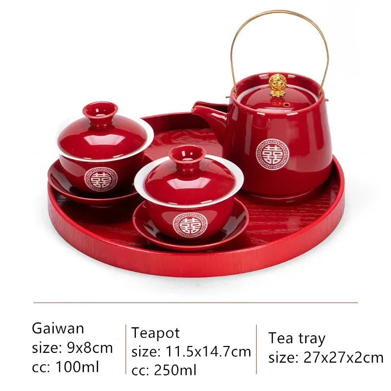 Boutique Chinese Tea Sets Red Ceramic Gaiwan Teapot Tea Tray Suit Wedding Tea Set Supplies Customized High Grade Teaware Gifts