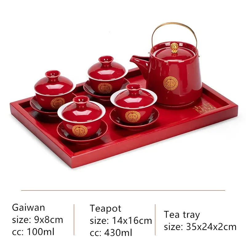 Boutique Chinese Tea Sets Red Ceramic Gaiwan Teapot Tea Tray Suit Wedding Tea Set Supplies Customized High Grade Teaware Gifts