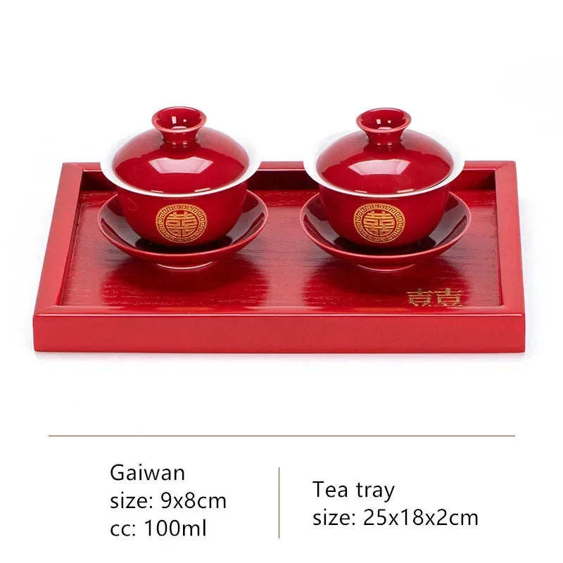 Boutique Chinese Tea Sets Red Ceramic Gaiwan Teapot Tea Tray Suit Wedding Tea Set Supplies Customized High Grade Teaware Gifts