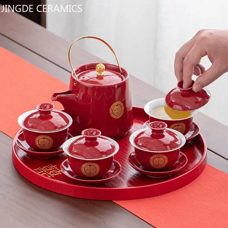 Boutique Chinese Tea Sets Red Ceramic Gaiwan Teapot Tea Tray Suit Wedding Tea Set Supplies Customized High Grade Teaware Gifts