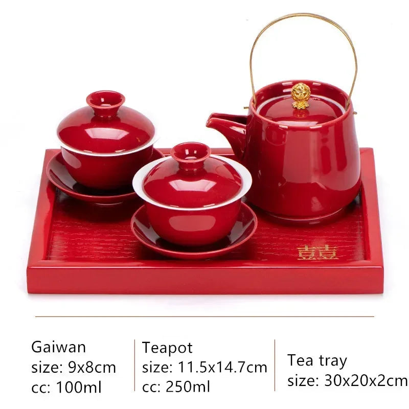 Boutique Chinese Tea Sets Red Ceramic Gaiwan Teapot Tea Tray Suit Wedding Tea Set Supplies Customized High Grade Teaware Gifts