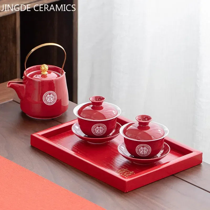 Boutique Chinese Tea Sets Red Ceramic Gaiwan Teapot Tea Tray Suit Wedding Tea Set Supplies Customized High Grade Teaware Gifts