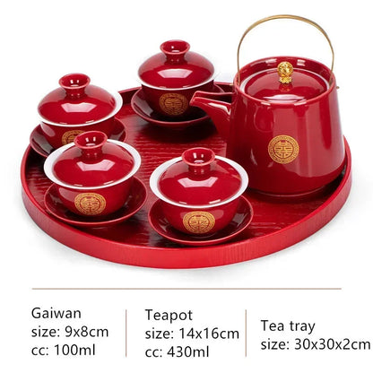 Boutique Chinese Tea Sets Red Ceramic Gaiwan Teapot Tea Tray Suit Wedding Tea Set Supplies Customized High Grade Teaware Gifts
