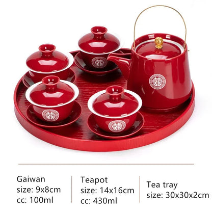 Boutique Chinese Tea Sets Red Ceramic Gaiwan Teapot Tea Tray Suit Wedding Tea Set Supplies Customized High Grade Teaware Gifts