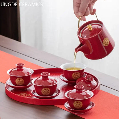 Boutique Chinese Tea Sets Red Ceramic Gaiwan Teapot Tea Tray Suit Wedding Tea Set Supplies Customized High Grade Teaware Gifts