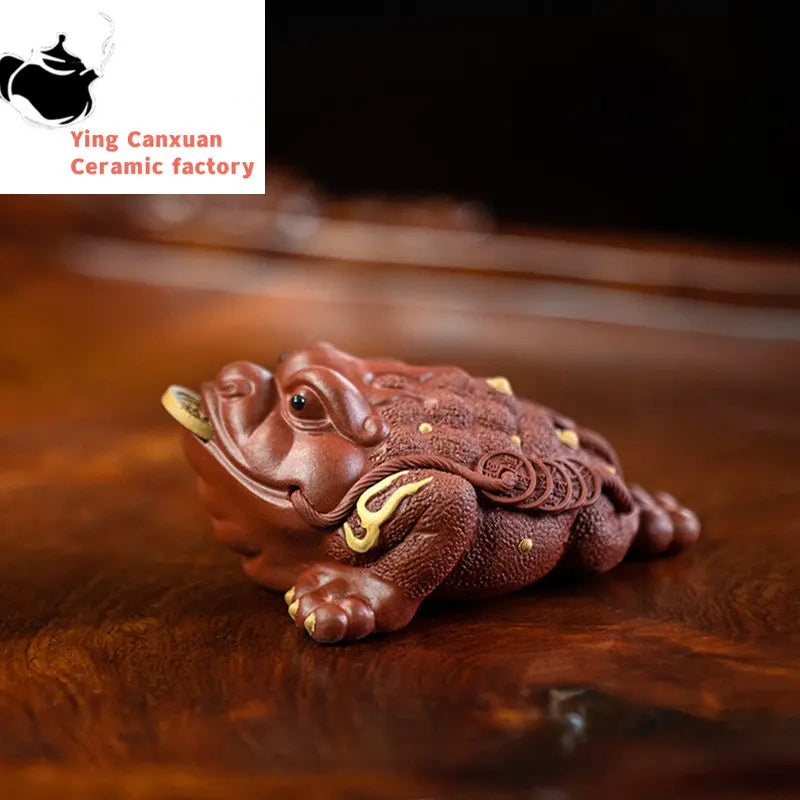 Boutique Purple Clay Tea pet Lucky Golden Toad Statue Tea Figurine Ornaments Handmade Crafts Tea Set Decoration Accessories